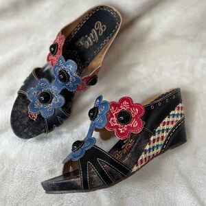 NEW Womens Size 9 Elite by Corkys Floral Wedge Sandals Y2K Boho Leather Shoes